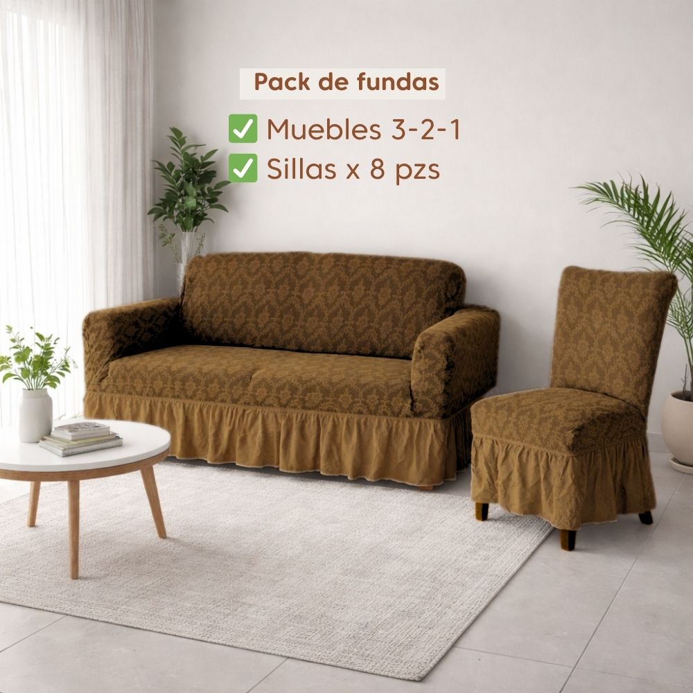 Pack Mueble 3-2-1 + 8 fundas de sillas en alo relieve Diamante Essence