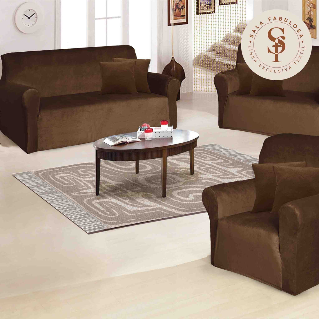 Funda de mueble 3-2-1 en terciopelo liso con 6 fundas de cojines