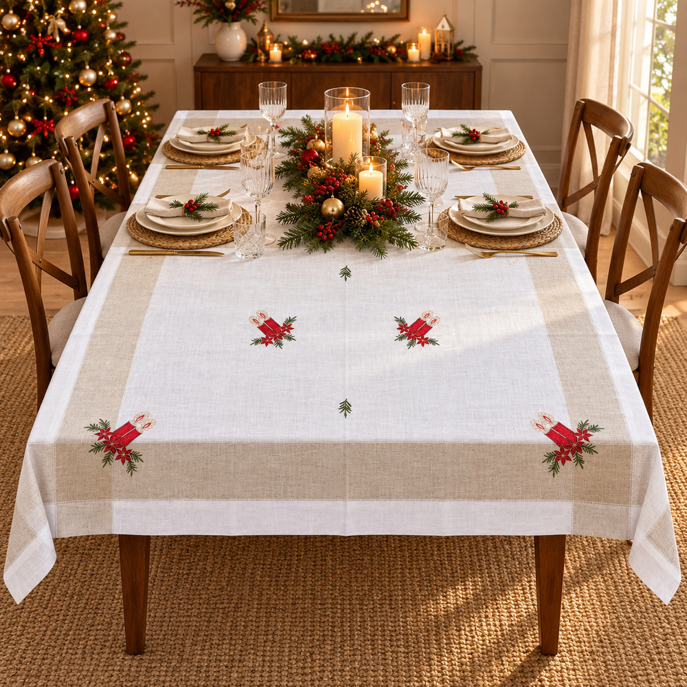 Mantel Navideño de Lino Bordado White Christmas