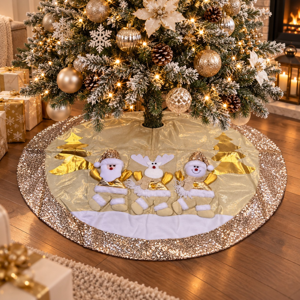 Piso de Árbol Navideño 3 Muñecos Crema y Dorado