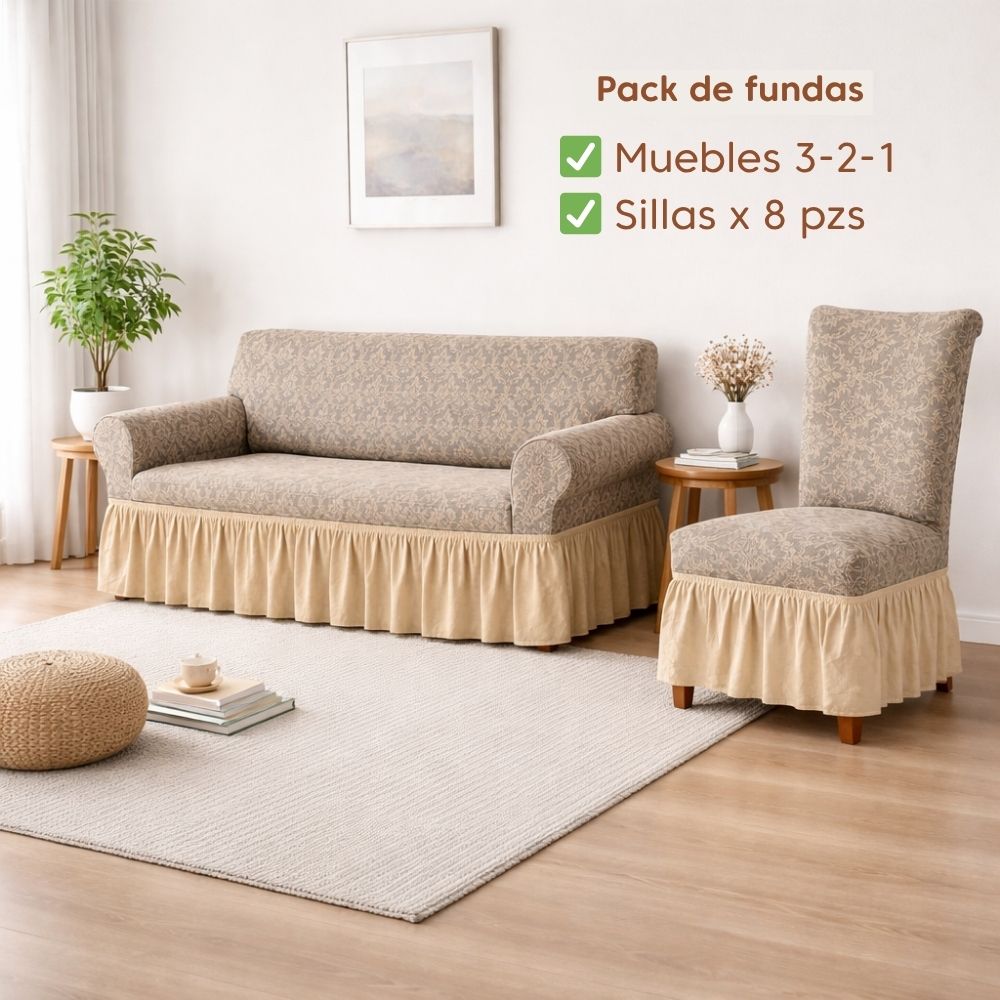 Pack Mueble 3-2-1 + 8 fundas de sillas en alto relieve Damasco