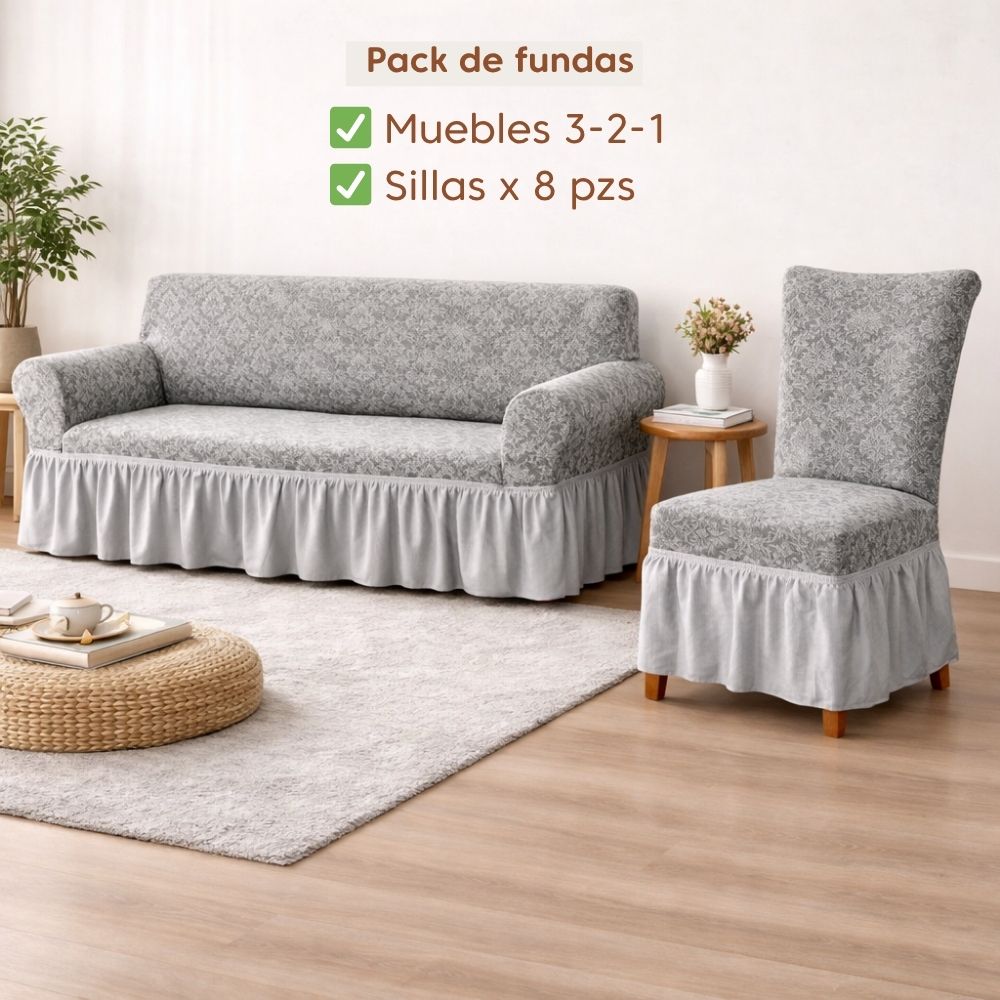 Pack Mueble 3-2-1 + 8 fundas de sillas en alto relieve Damasco