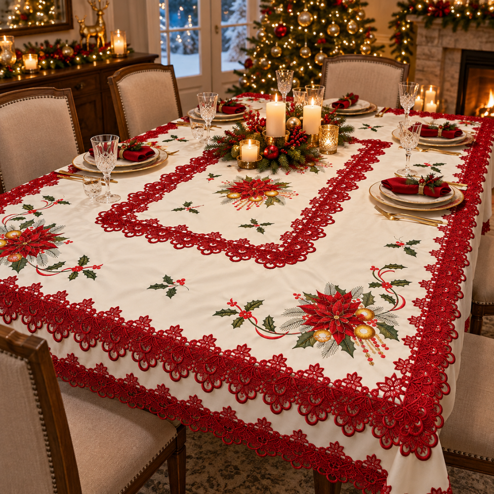 Mantel Navideño Bordado Santa's House con Encaje