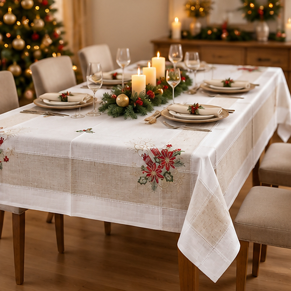Mantel Navideño de Lino Bordado White Christmas