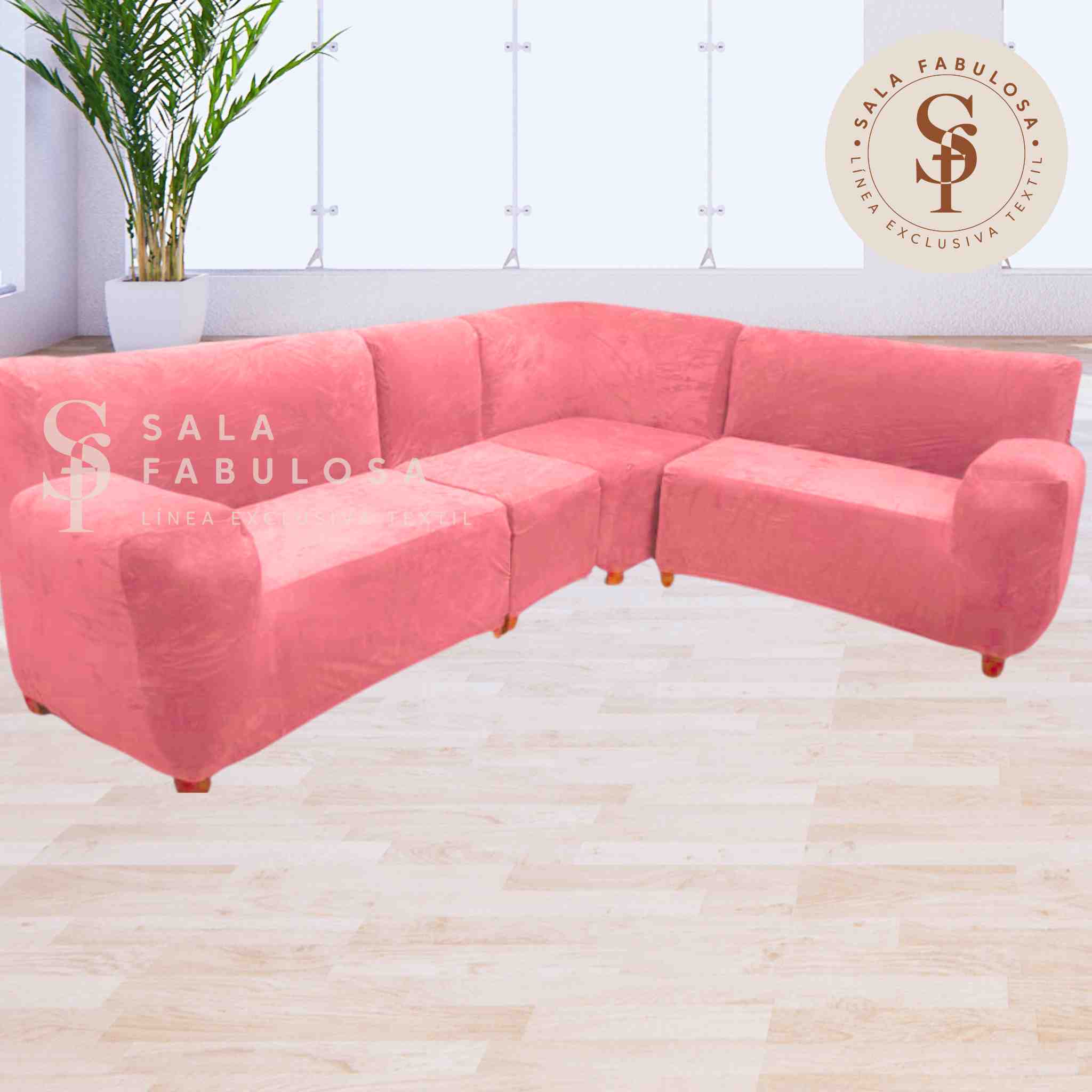 Funda de mueble modular de 4pzs de terciopelo liso  con 6 fundas de cojines