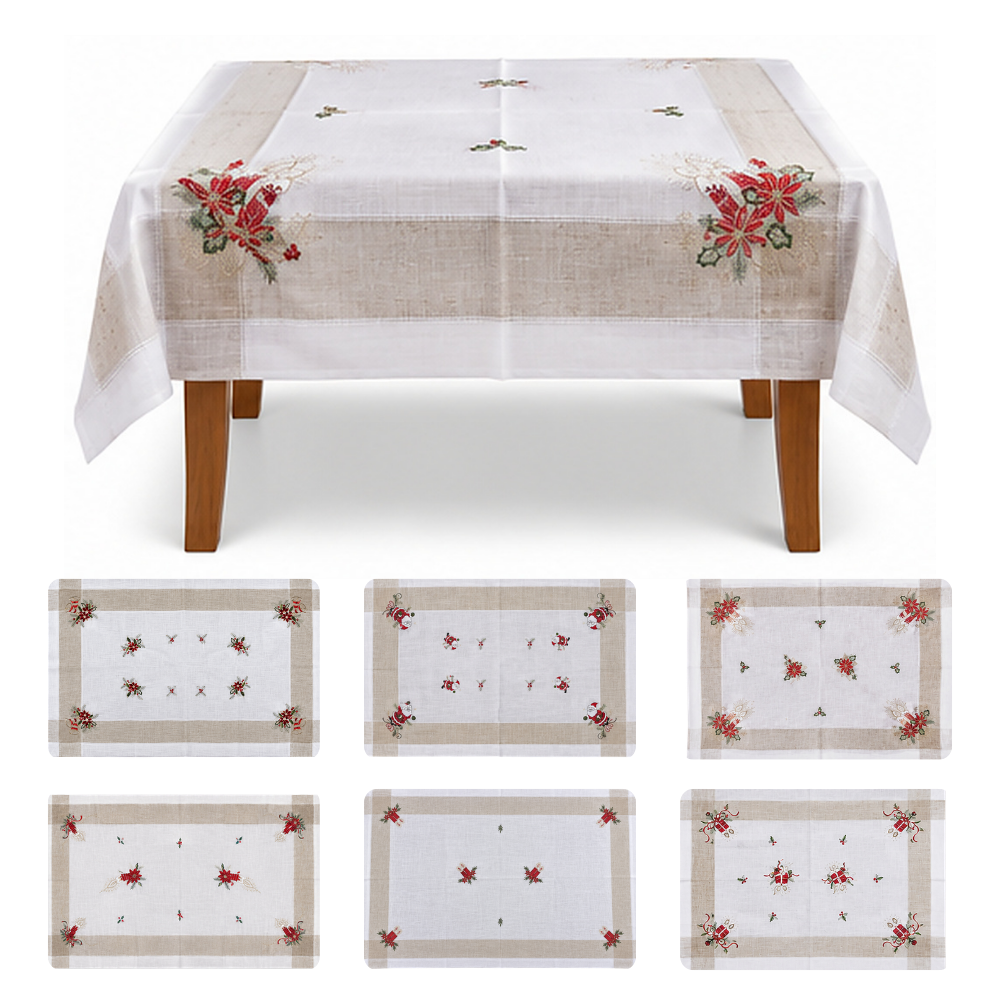 Mantel Navideño de Lino Bordado White Christmas