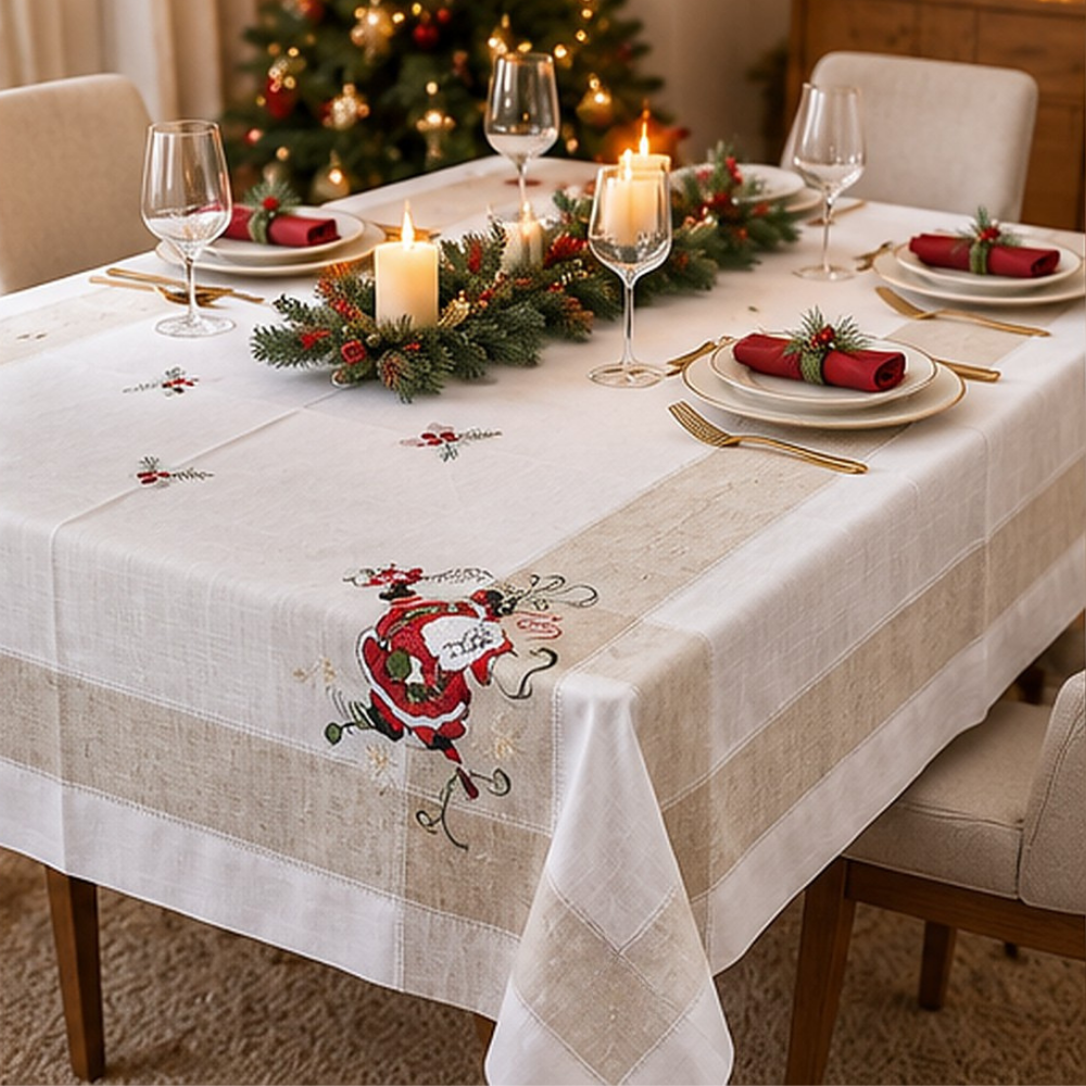 Mantel Navideño de Lino Bordado White Christmas