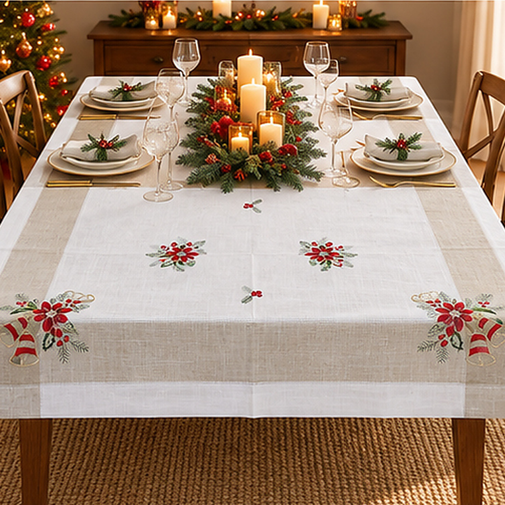 Mantel Navideño de Lino Bordado White Christmas