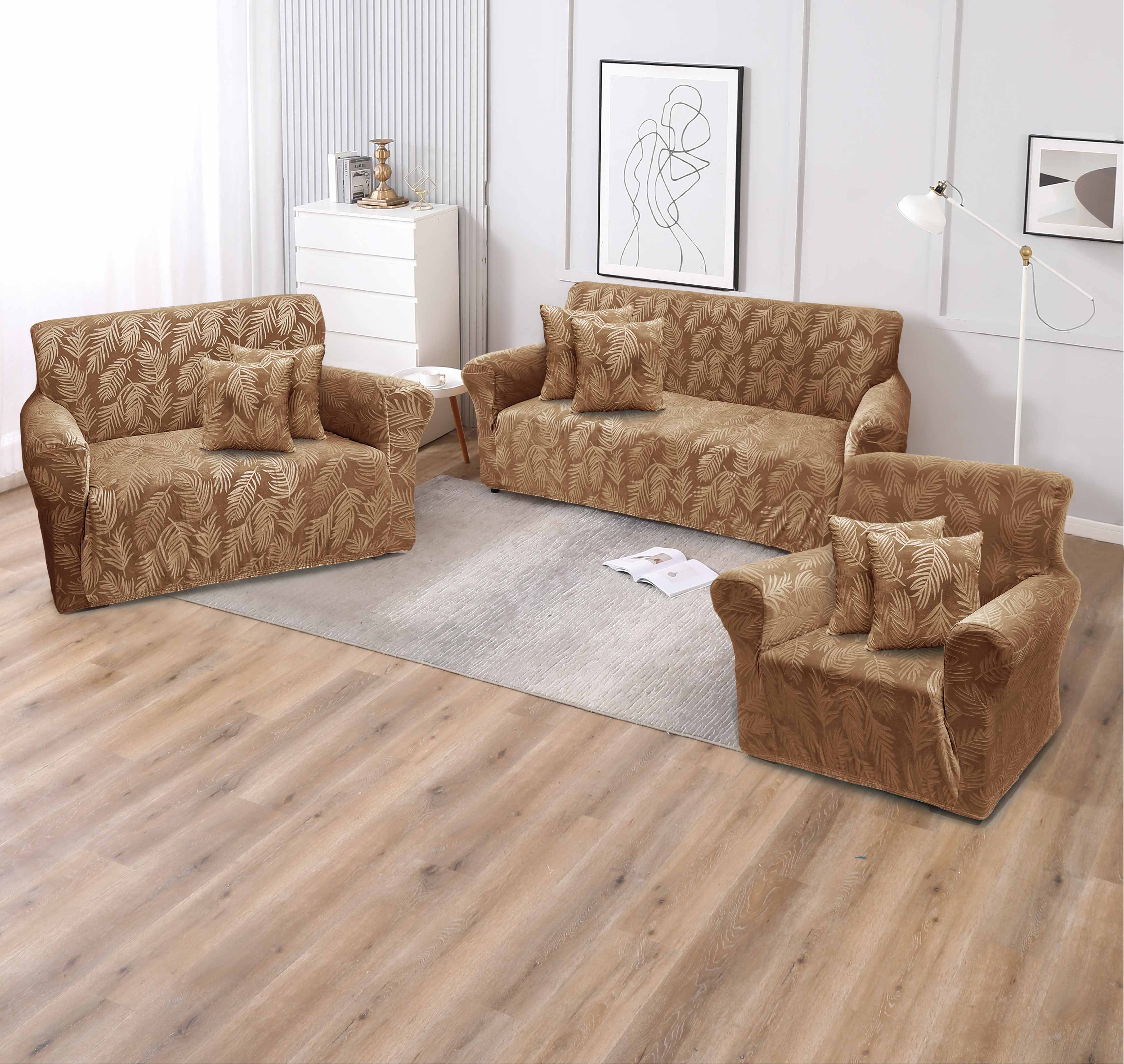 Funda de mueble terciopelo labrado 3-2-1 con 6 fundas de cojines