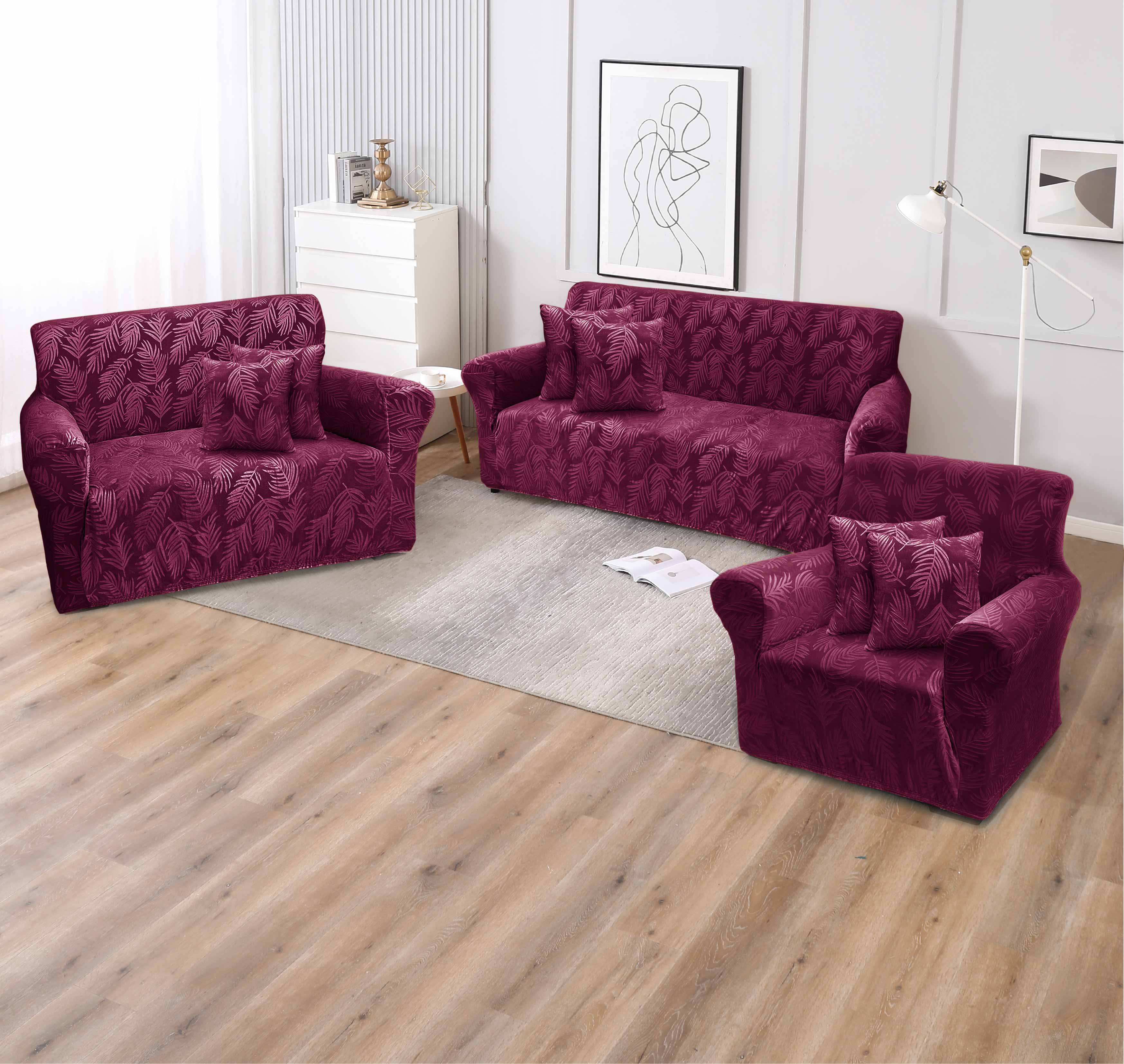 Funda de mueble terciopelo labrado 3-2-1 con 6 fundas de cojines