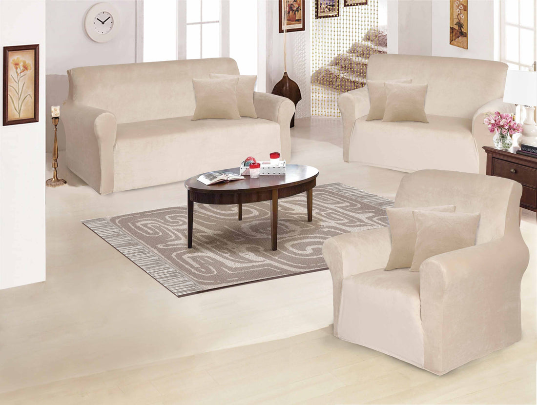 Funda de mueble 3-2-1 en terciopelo liso con 6 fundas de cojines Sala Fabulosa