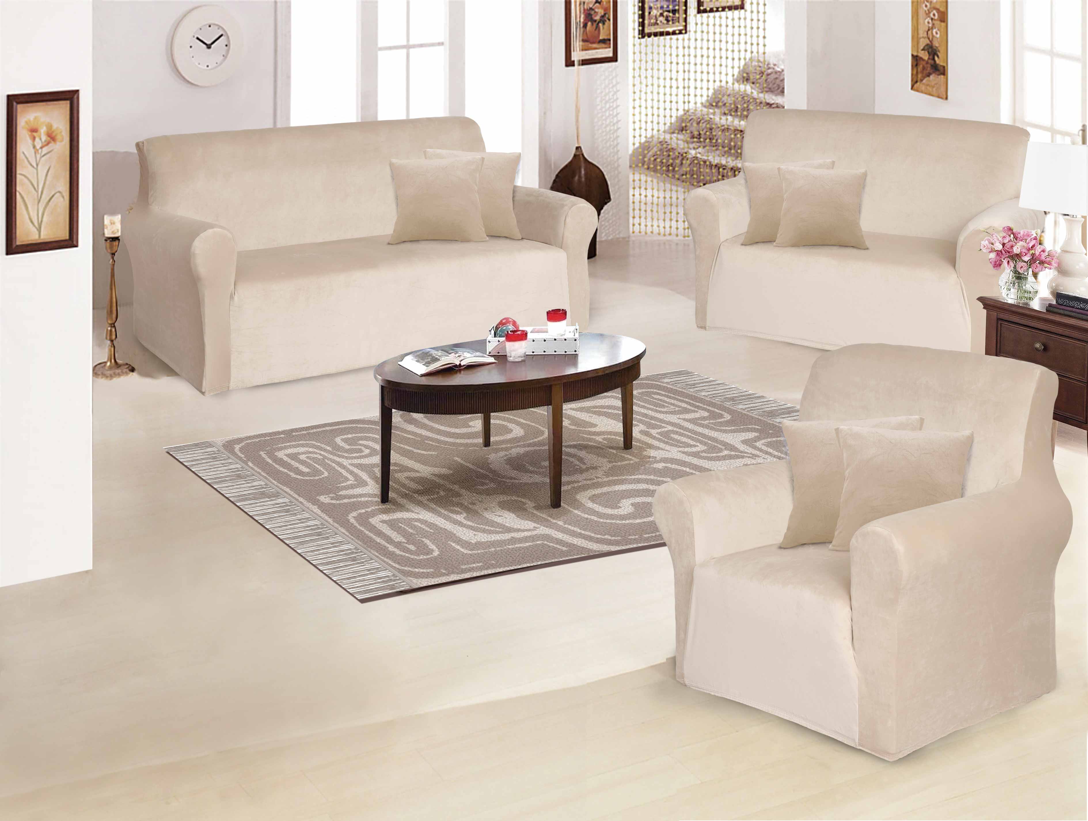 Funda de mueble 3-2-1 en terciopelo liso con 6 fundas de cojines Sala Fabulosa