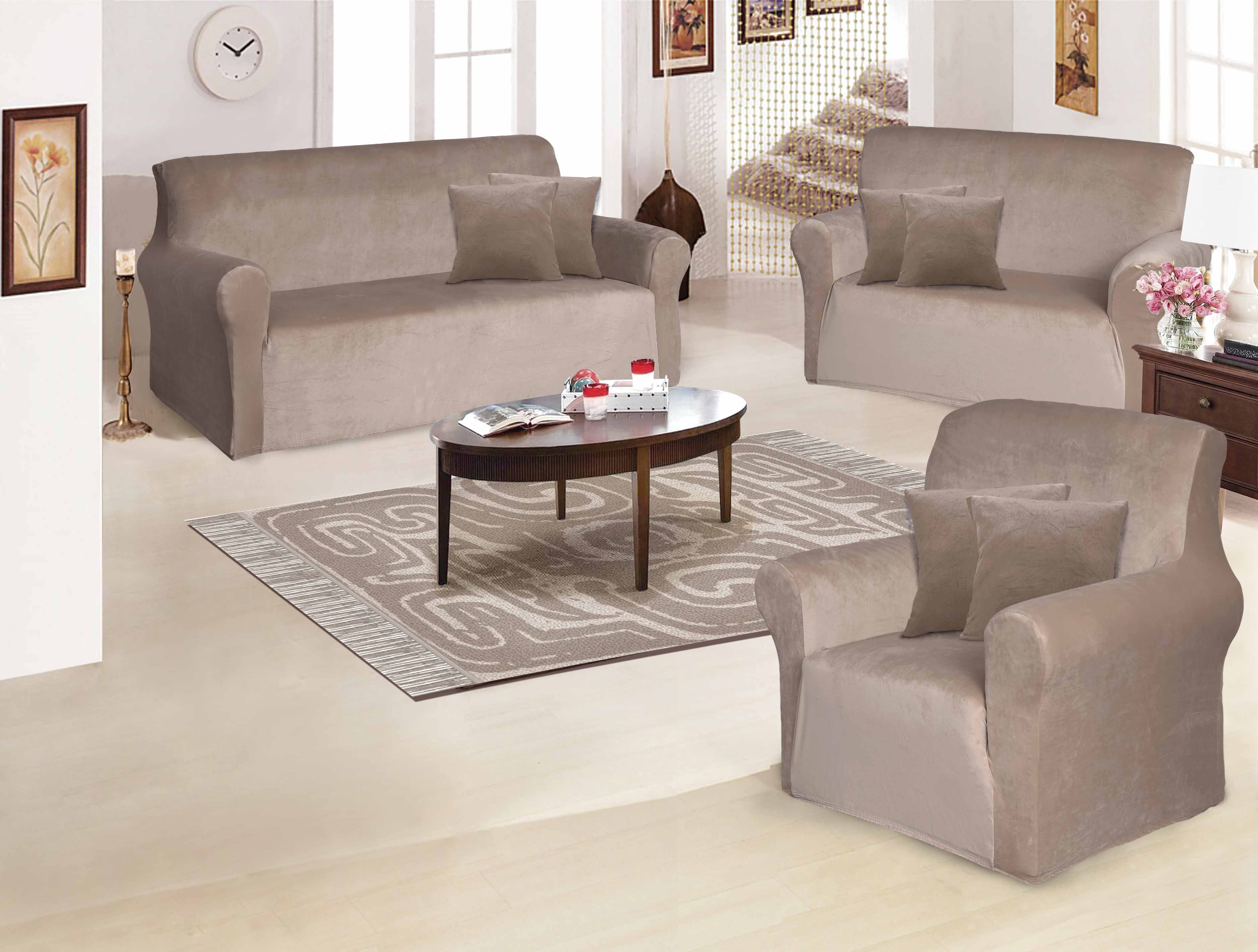 Funda de mueble 3-2-1 en terciopelo liso con 6 fundas de cojines Sala Fabulosa