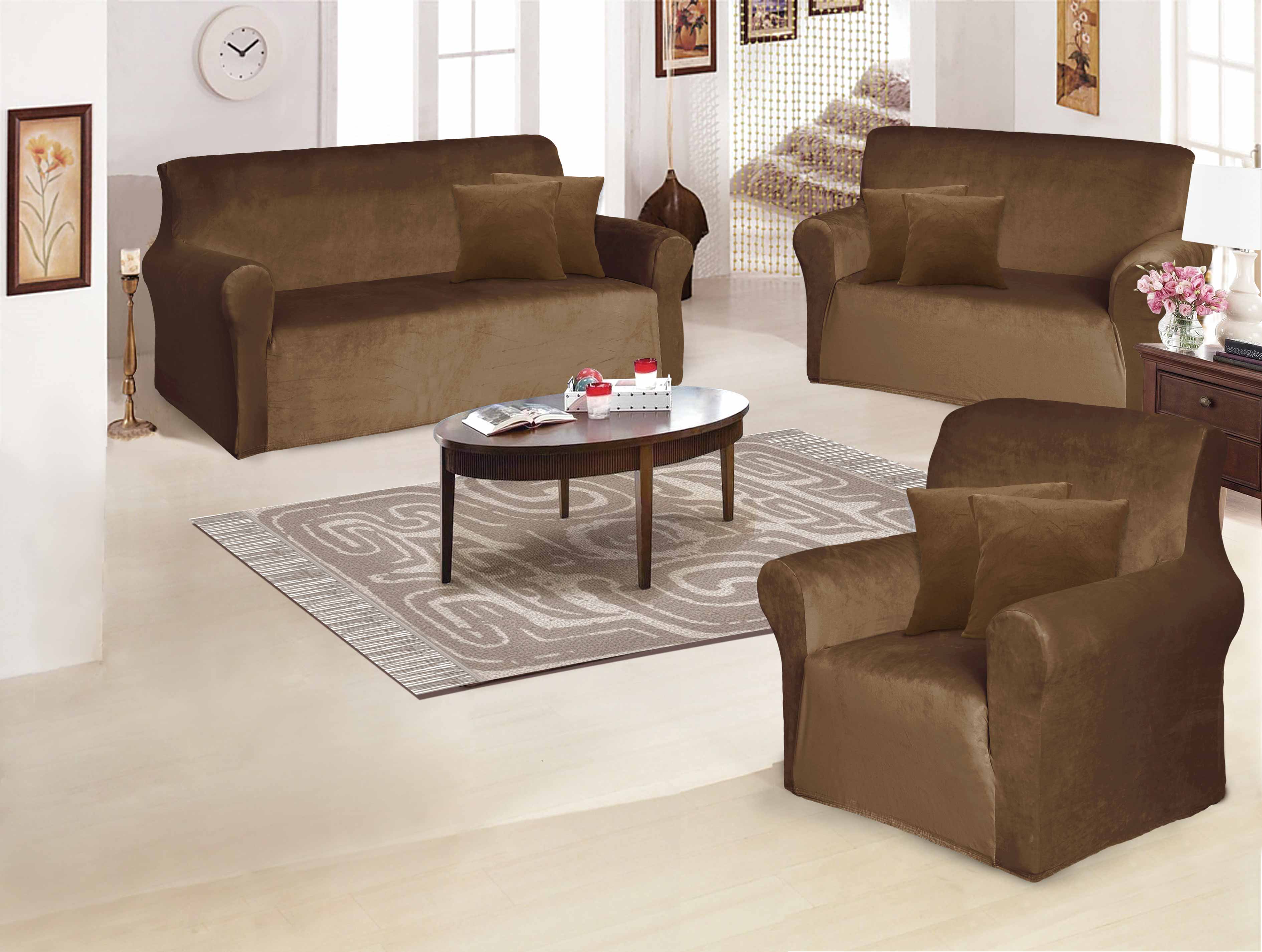 Funda de mueble 3-2-1 en terciopelo liso con 6 fundas de cojines Sala Fabulosa