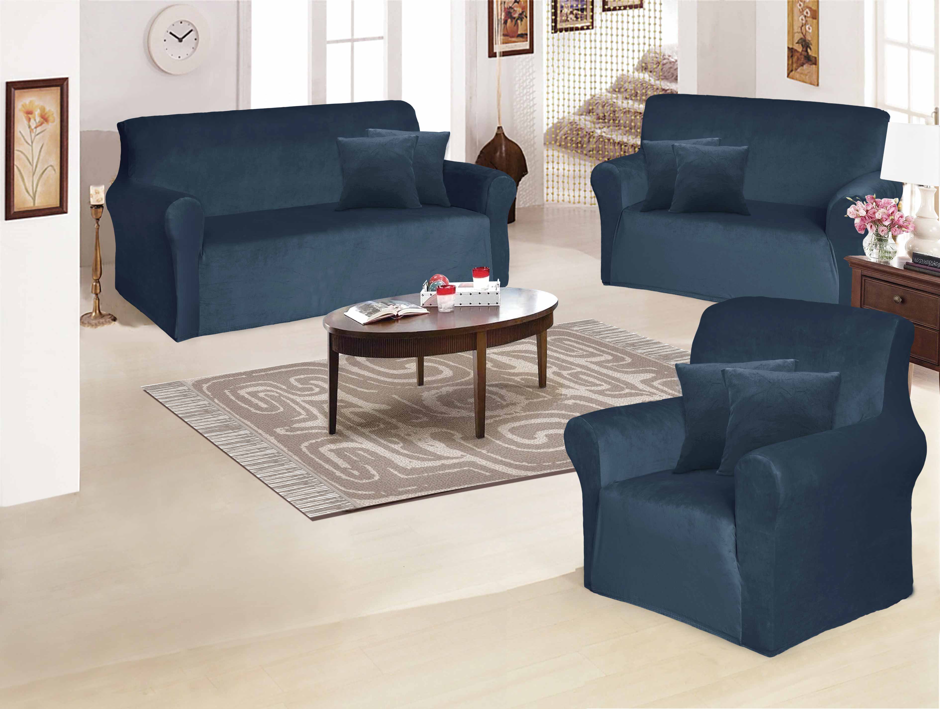 Funda de mueble 3-2-1 en terciopelo liso con 6 fundas de cojines Sala Fabulosa