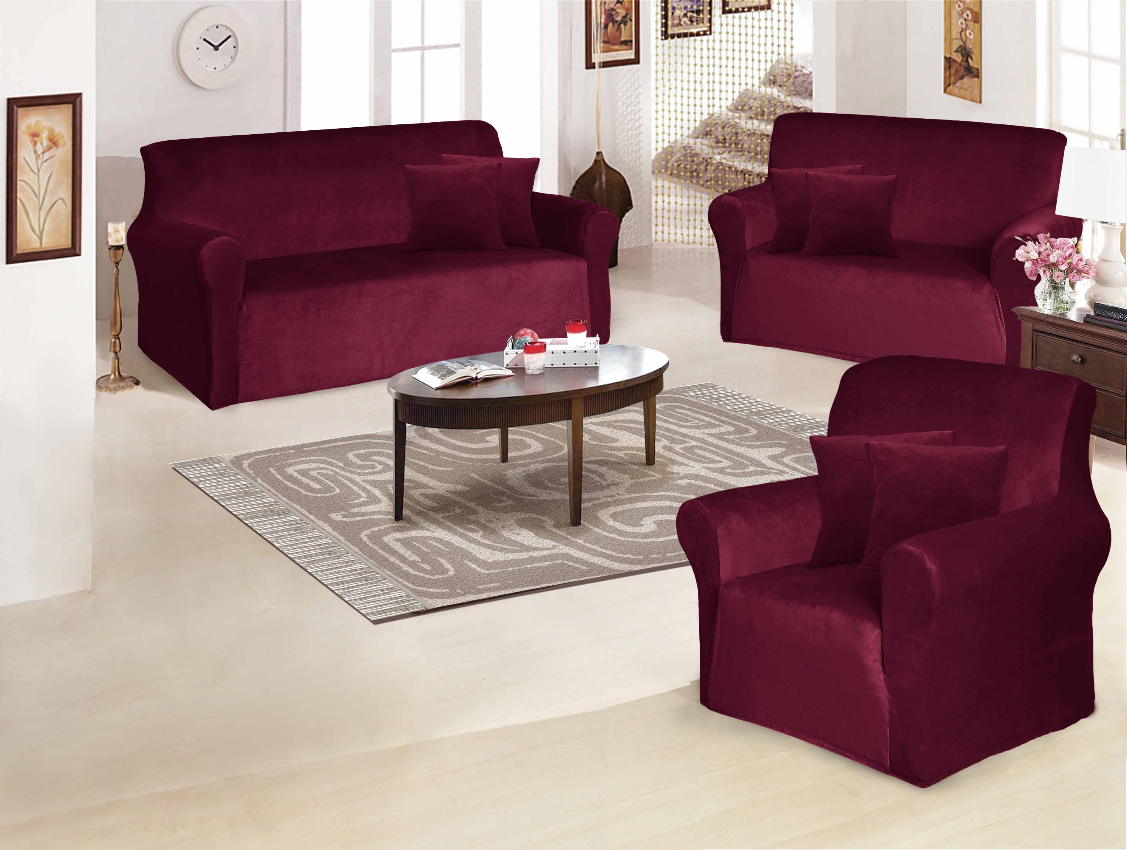Funda de mueble 3-2-1 en terciopelo liso con 6 fundas de cojines Sala Fabulosa