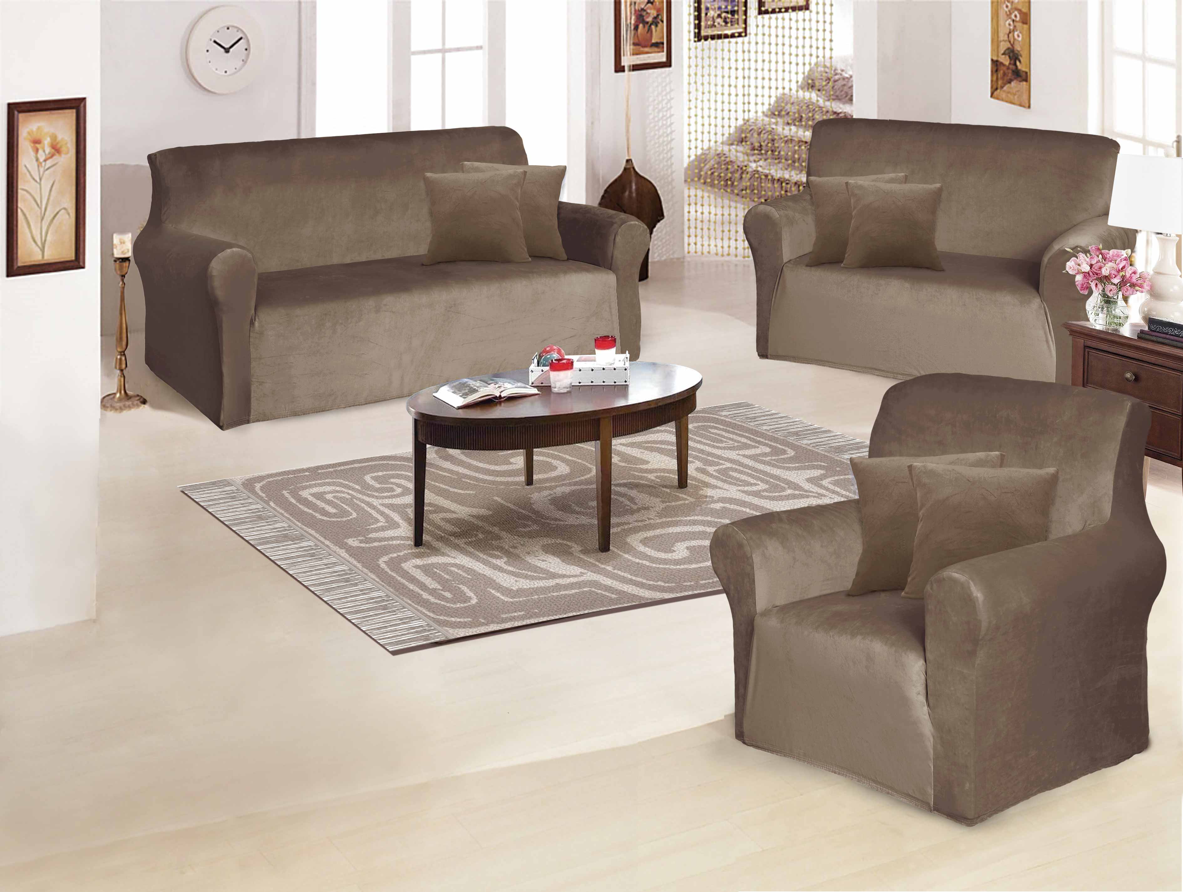 Funda de mueble 3-2-1 en terciopelo liso con 6 fundas de cojines Sala Fabulosa
