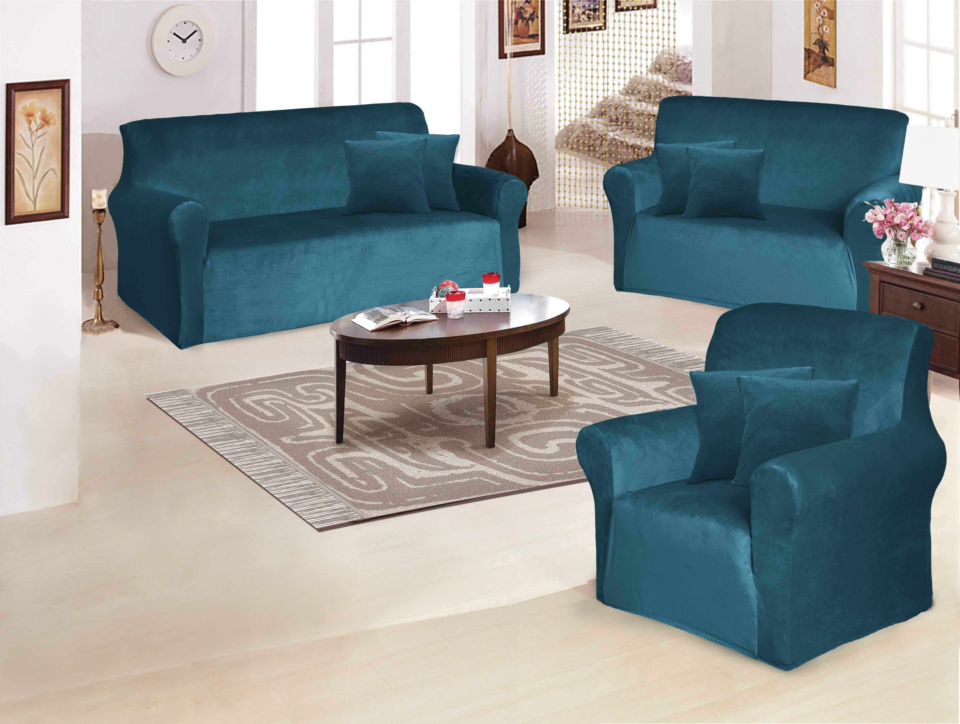 Funda de mueble 3-2-1 en terciopelo liso con 6 fundas de cojines Sala Fabulosa