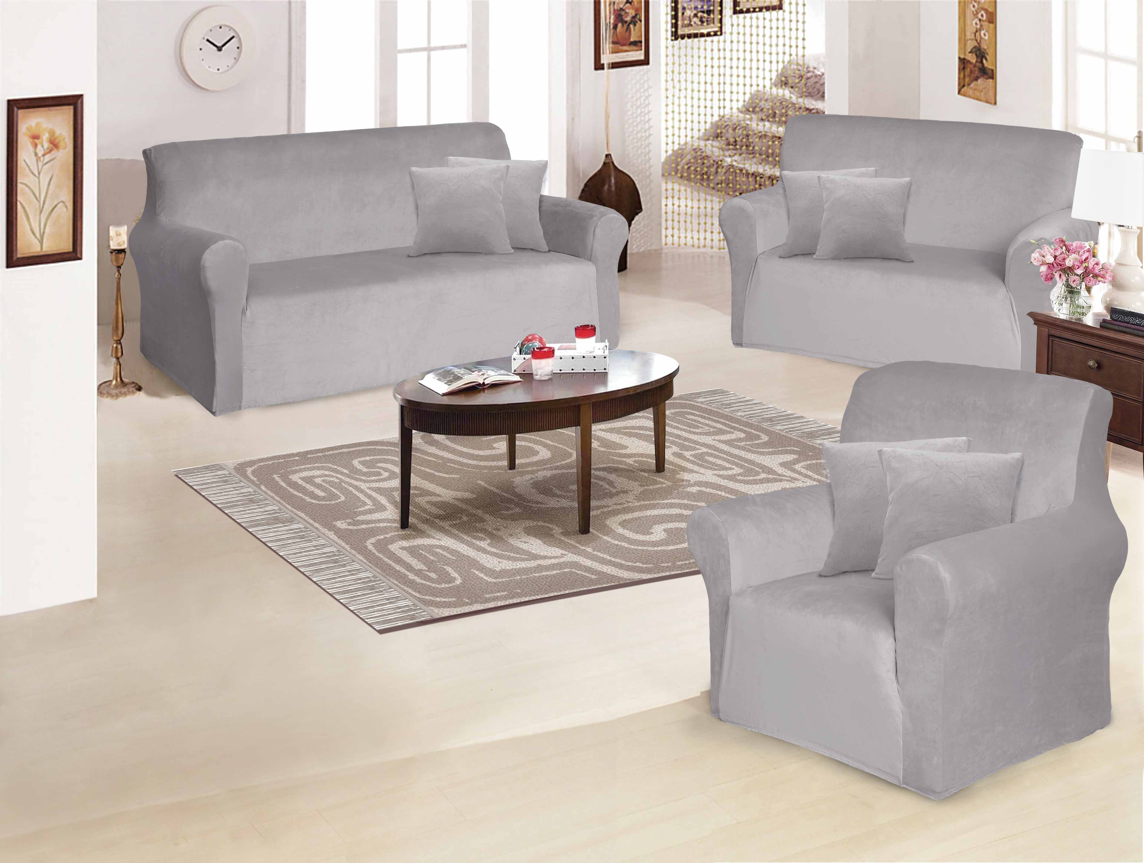 Funda de mueble 3-2-1 en terciopelo liso con 6 fundas de cojines Sala Fabulosa