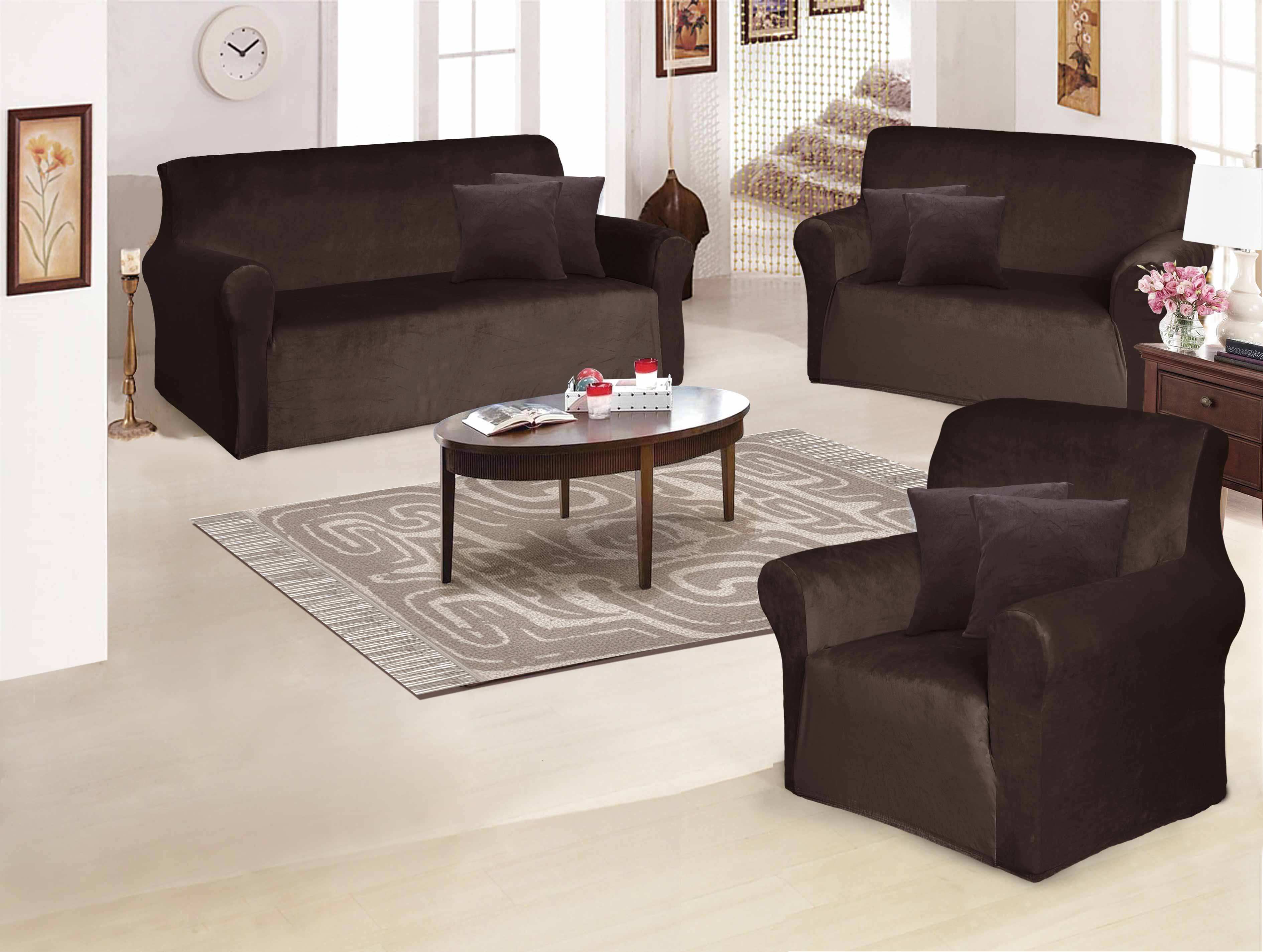 Funda de mueble 3-2-1 en terciopelo liso con 6 fundas de cojines Sala Fabulosa