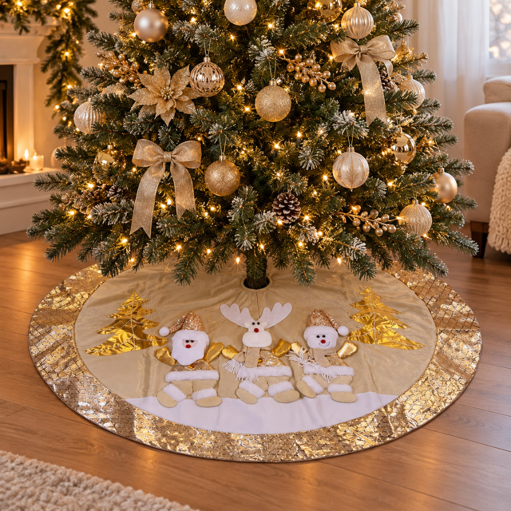 Piso de Árbol Navideño 3 Muñecos Crema y Dorado