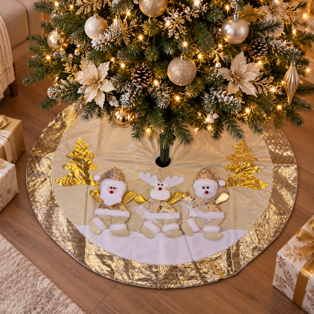 Piso de Árbol Navideño 3 Muñecos Crema y Dorado