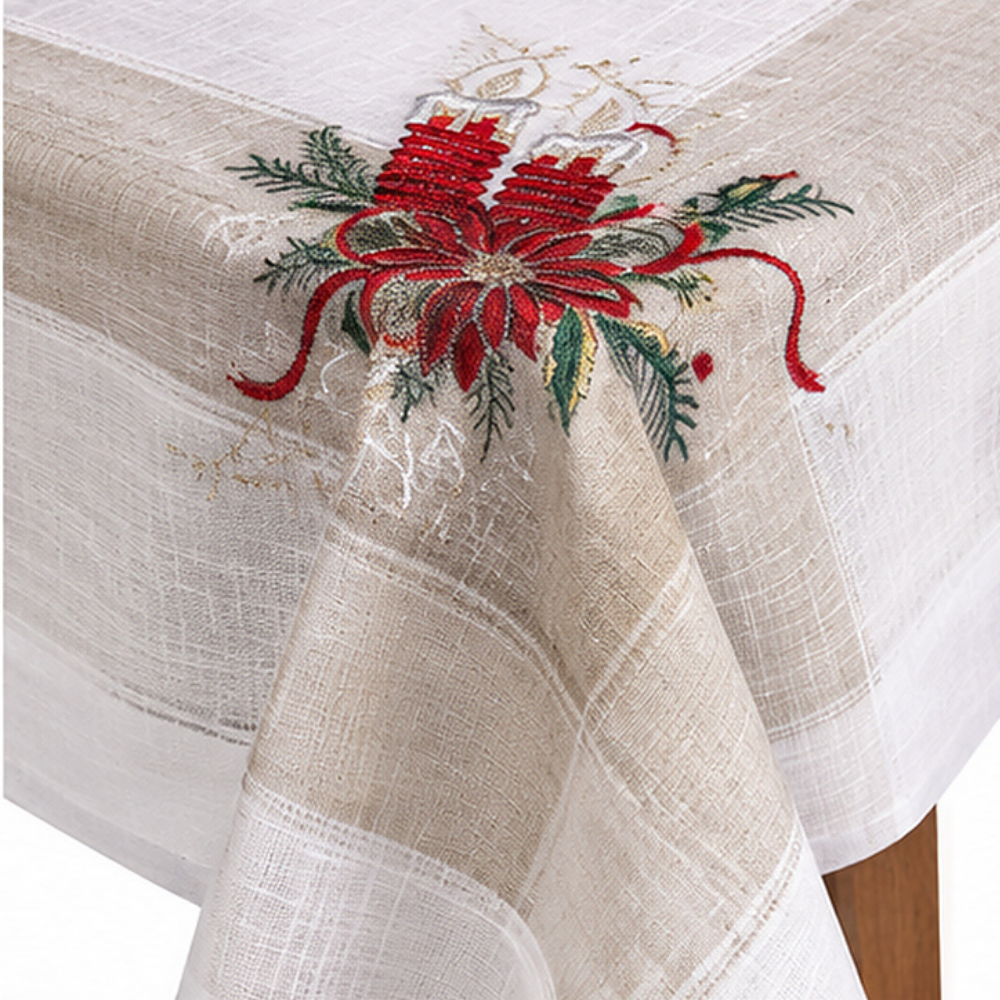 Mantel Navideño de Lino Bordado White Christmas