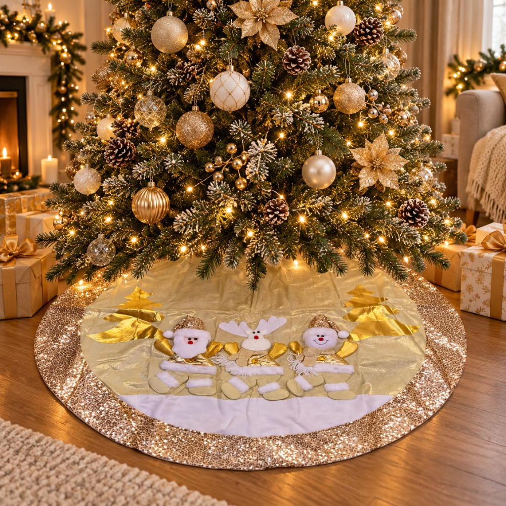 Piso de Árbol Navideño 3 Muñecos Crema y Dorado