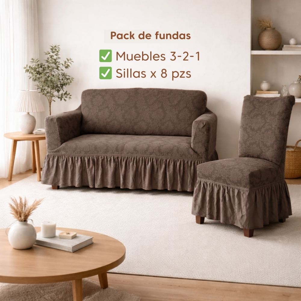 Pack Mueble 3-2-1 + 8 fundas de sillas en alto relieve Damasco