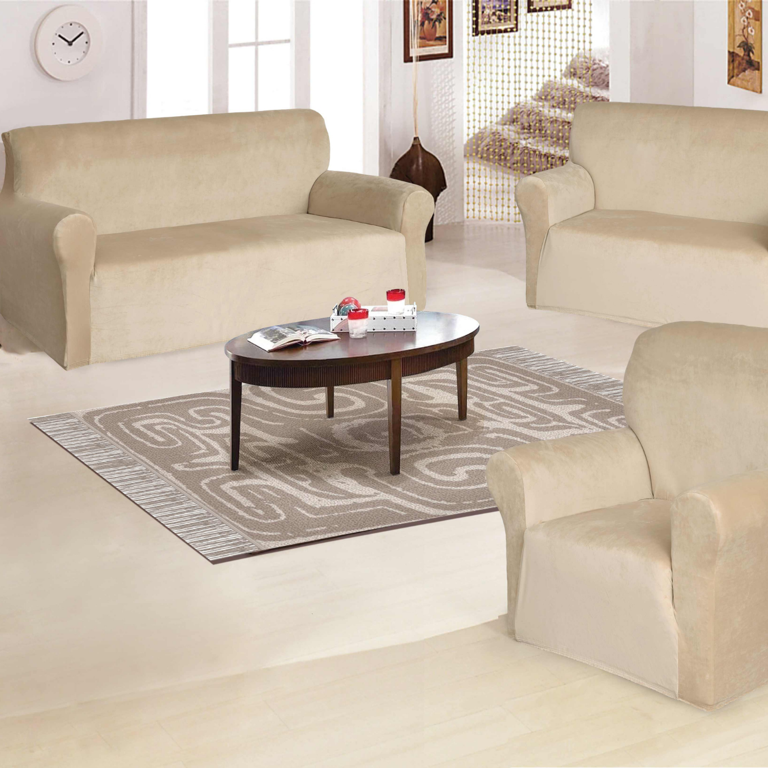 Funda de mueble 3-2-1 en terciopelo liso con 6 fundas de cojines