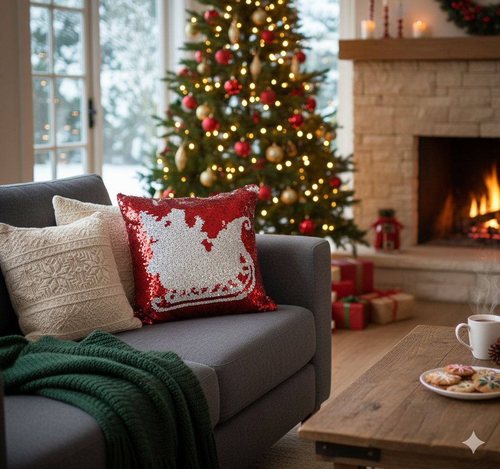 Cojin navideño rojo con lentejuelas