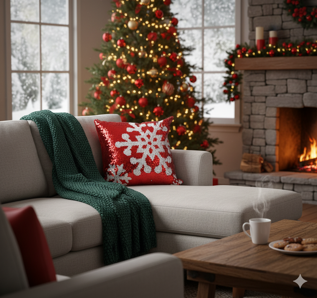 Cojin navideño rojo con lentejuelas