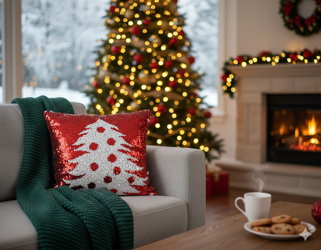 Cojin navideño rojo con lentejuelas