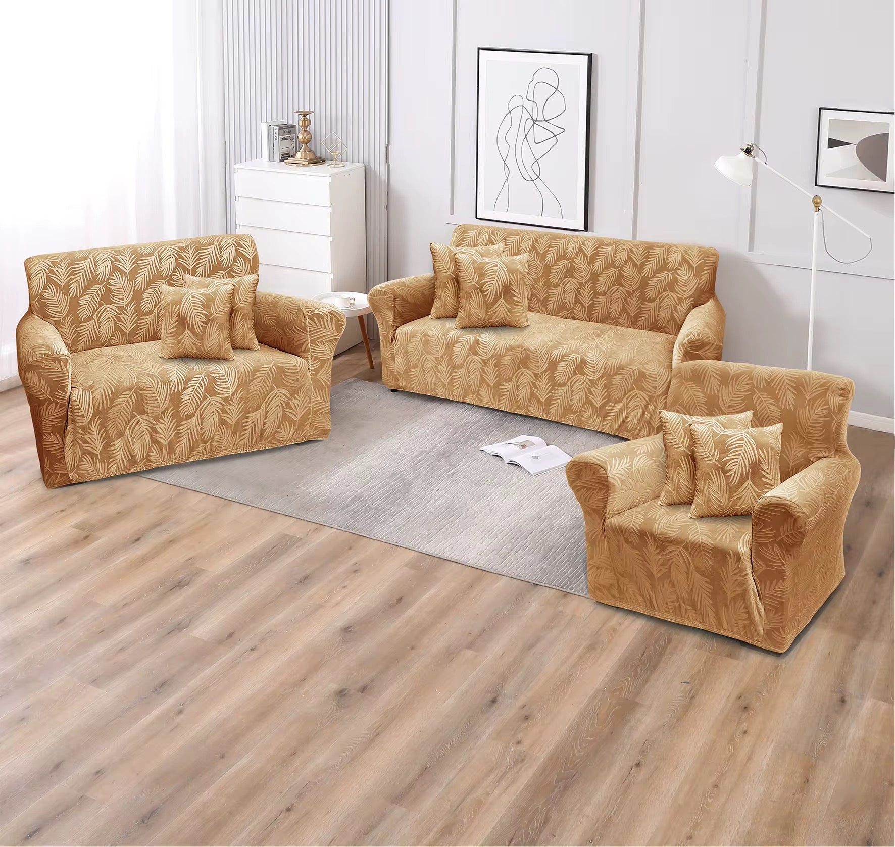 Funda de mueble terciopelo labrado 3-2-1 con 6 fundas de cojines