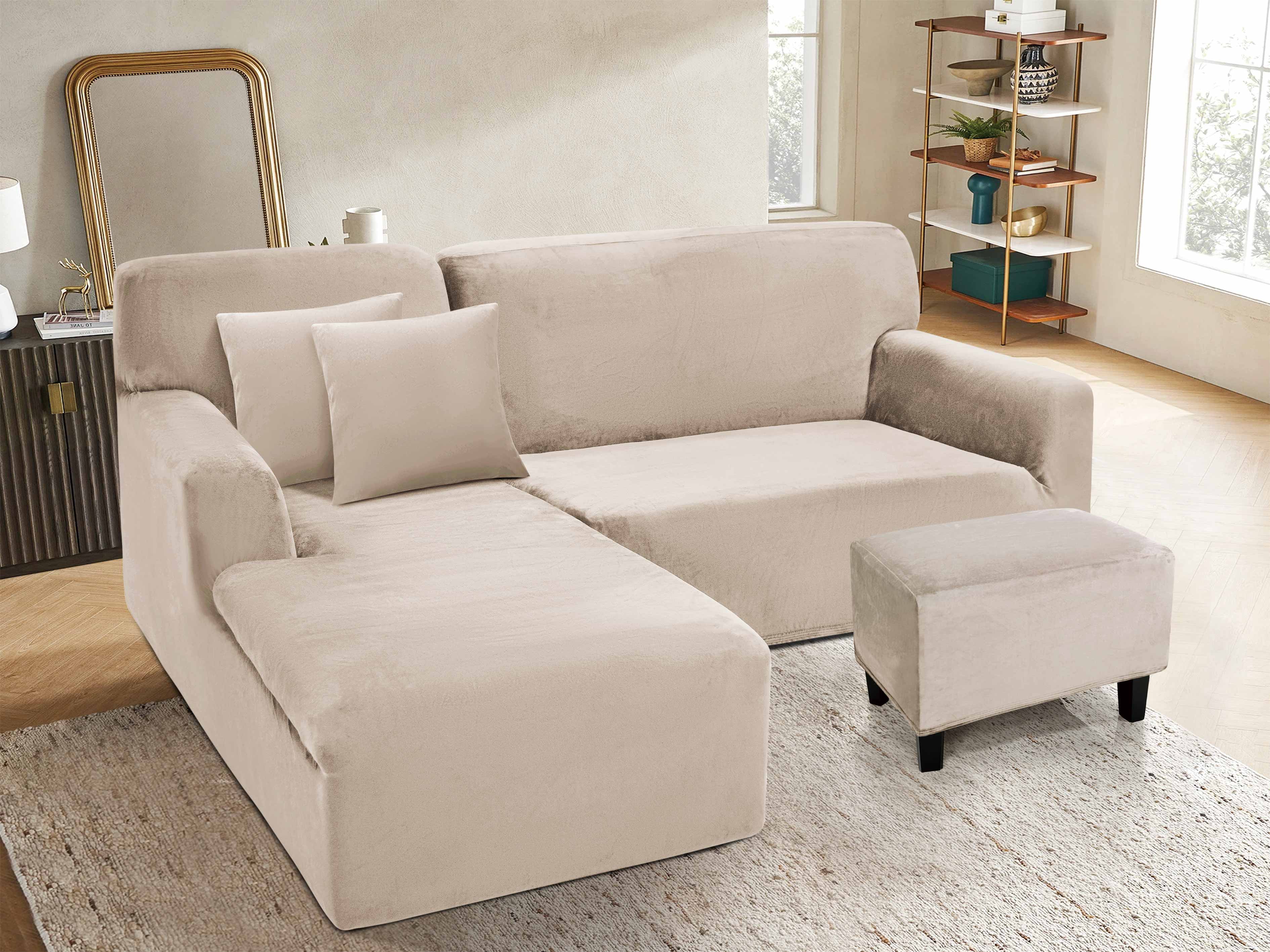 Funda de mueble modular 2 pzs + baúl en Terciopelo Liso con 2 fundas de cojines
