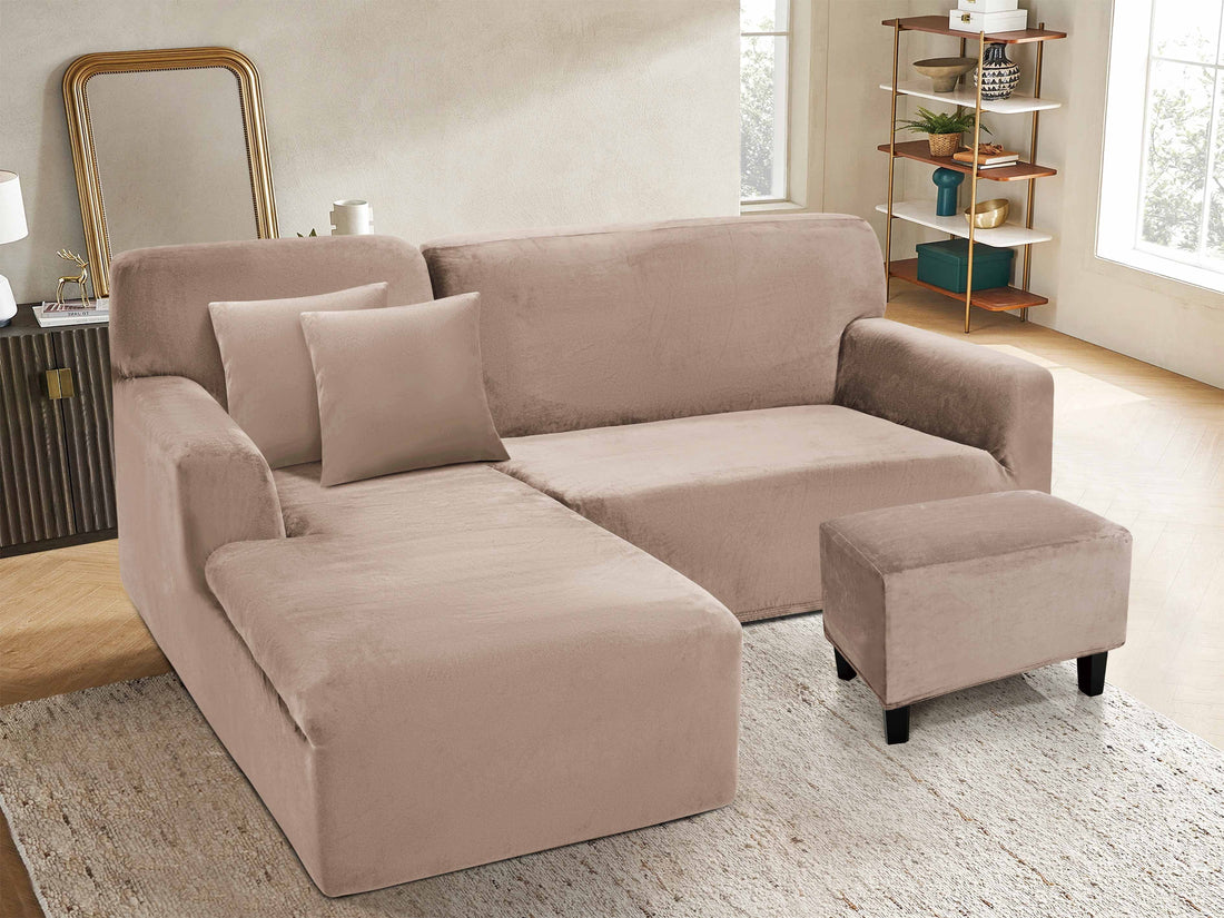 Funda de mueble modular 2 pzs + baúl en Terciopelo Liso con 2 fundas de cojines