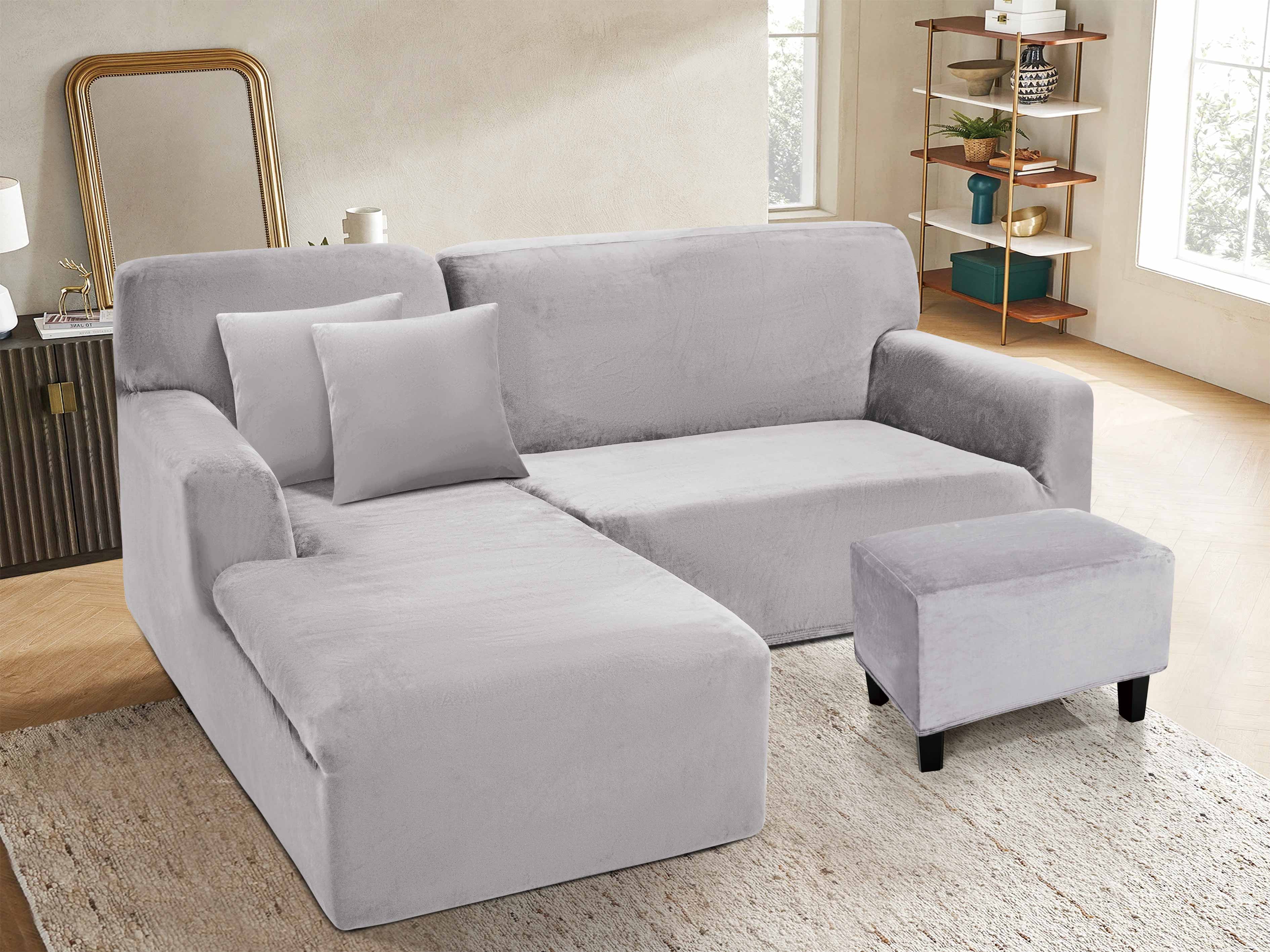 Funda de mueble modular 2 pzs + baúl en Terciopelo Liso con 2 fundas de cojines