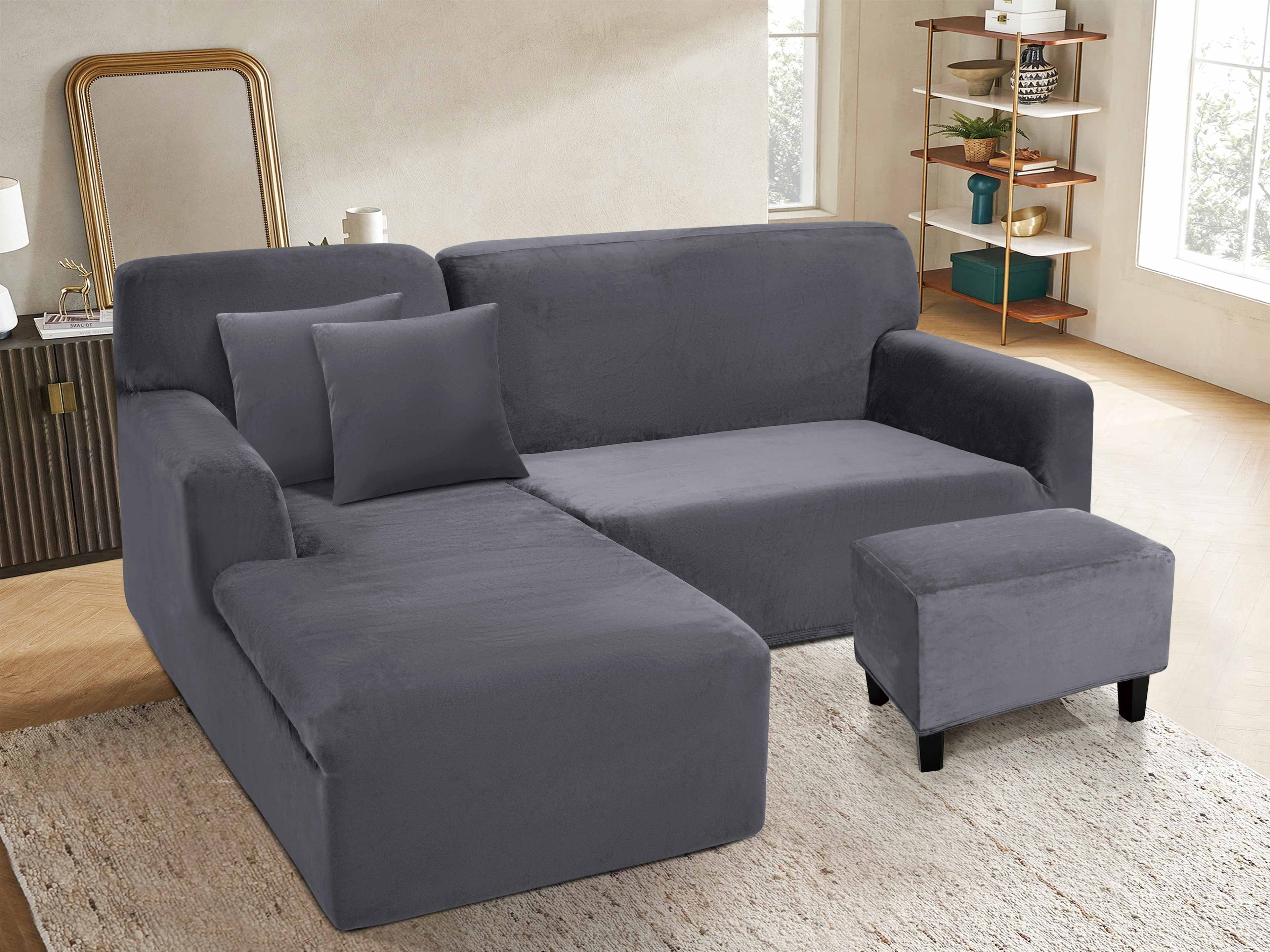 Funda de mueble modular 2 pzs + baúl en Terciopelo Liso con 2 fundas de cojines
