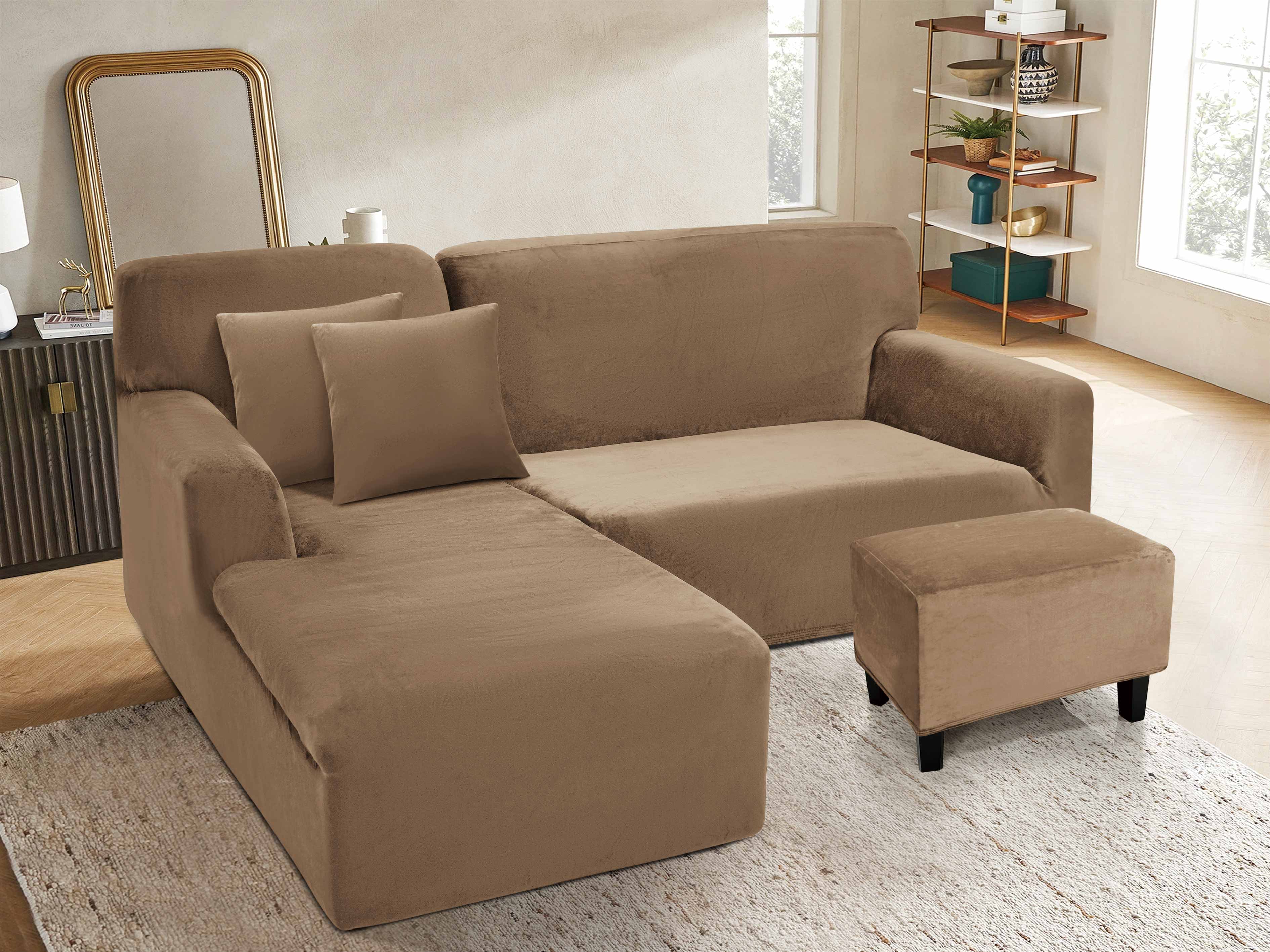 Funda de mueble modular 2 pzs + baúl en Terciopelo Liso con 2 fundas de cojines
