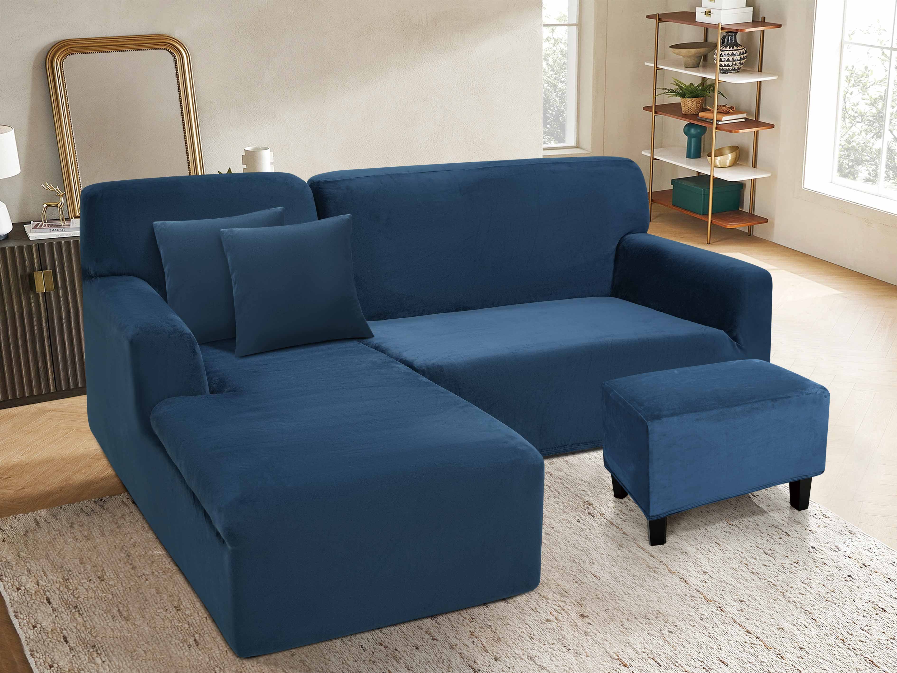Funda de mueble modular 2 pzs + baúl en Terciopelo Liso con 2 fundas de cojines