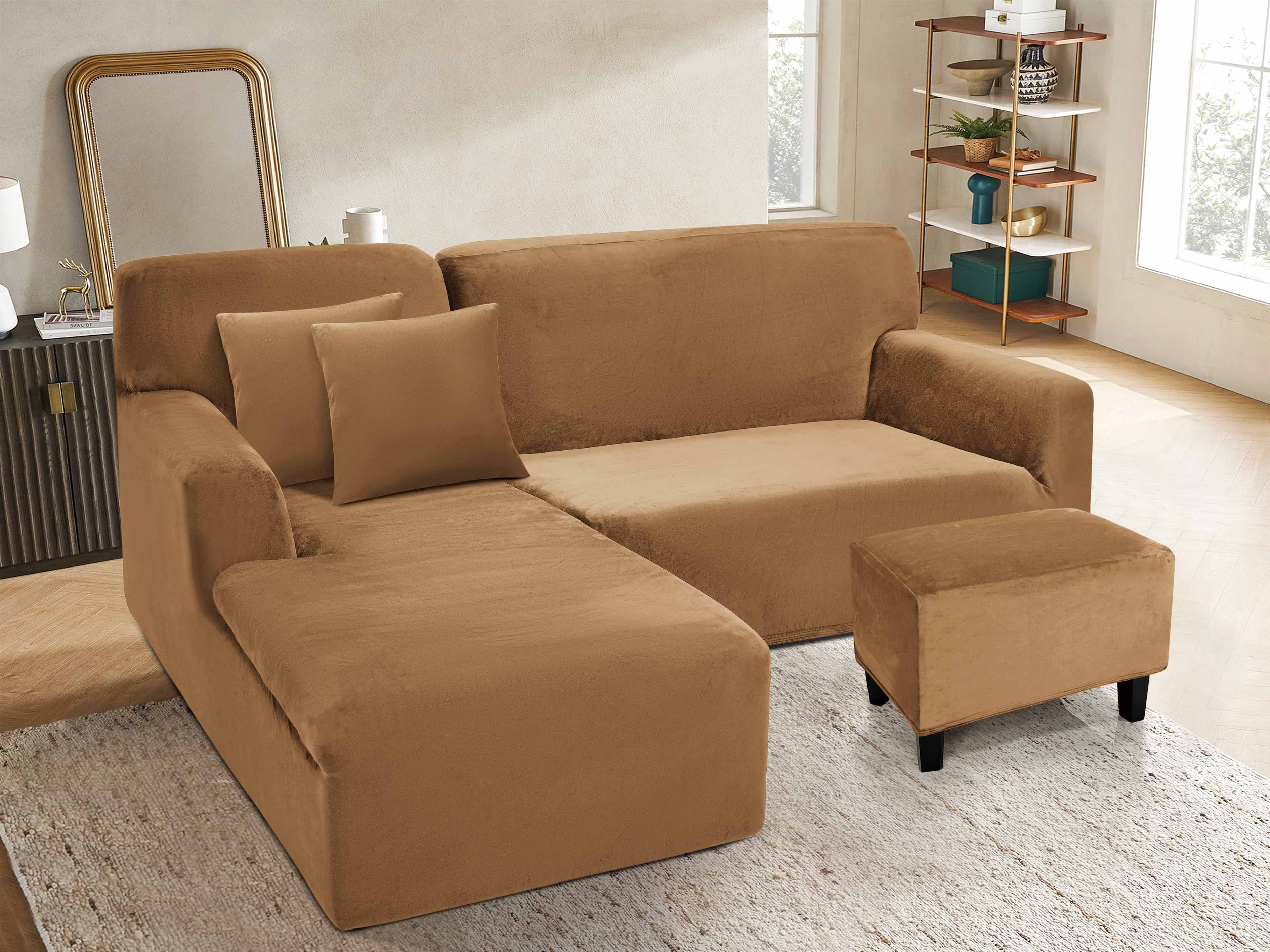 Funda de mueble modular 2 pzs + baúl en Terciopelo Liso con 2 fundas de cojines