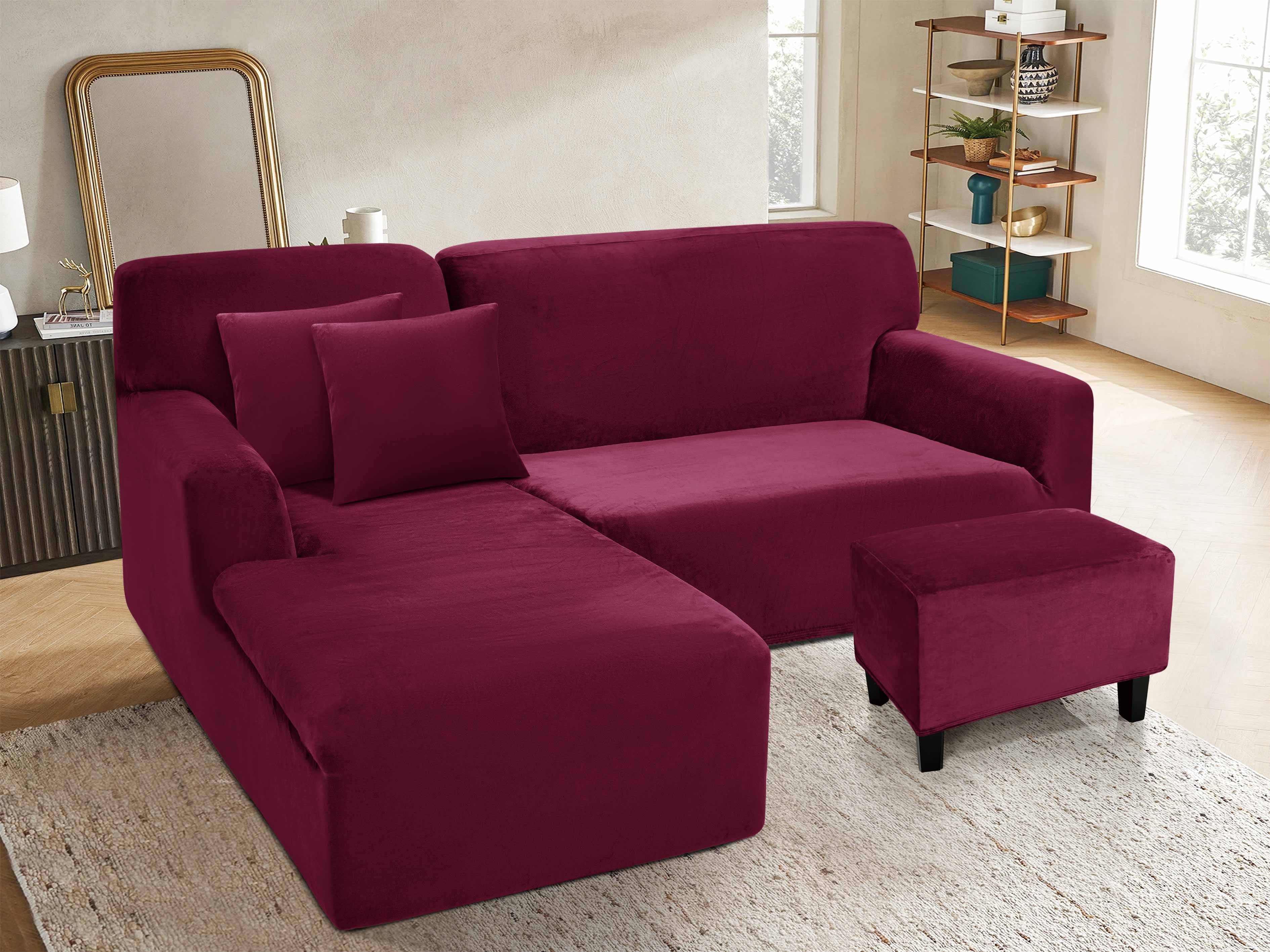 Funda de mueble modular 2 pzs + baúl en Terciopelo Liso con 2 fundas de cojines