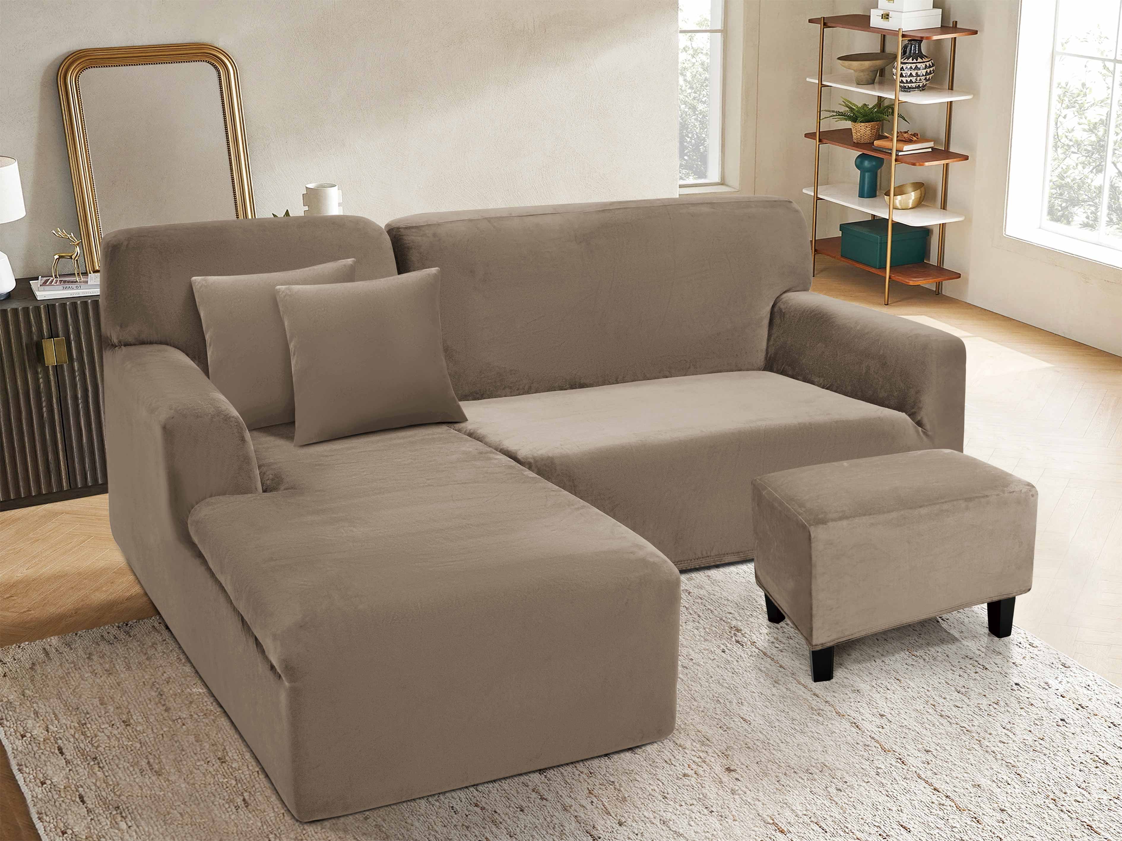 Funda de mueble modular 2 pzs + baúl en Terciopelo Liso con 2 fundas de cojines