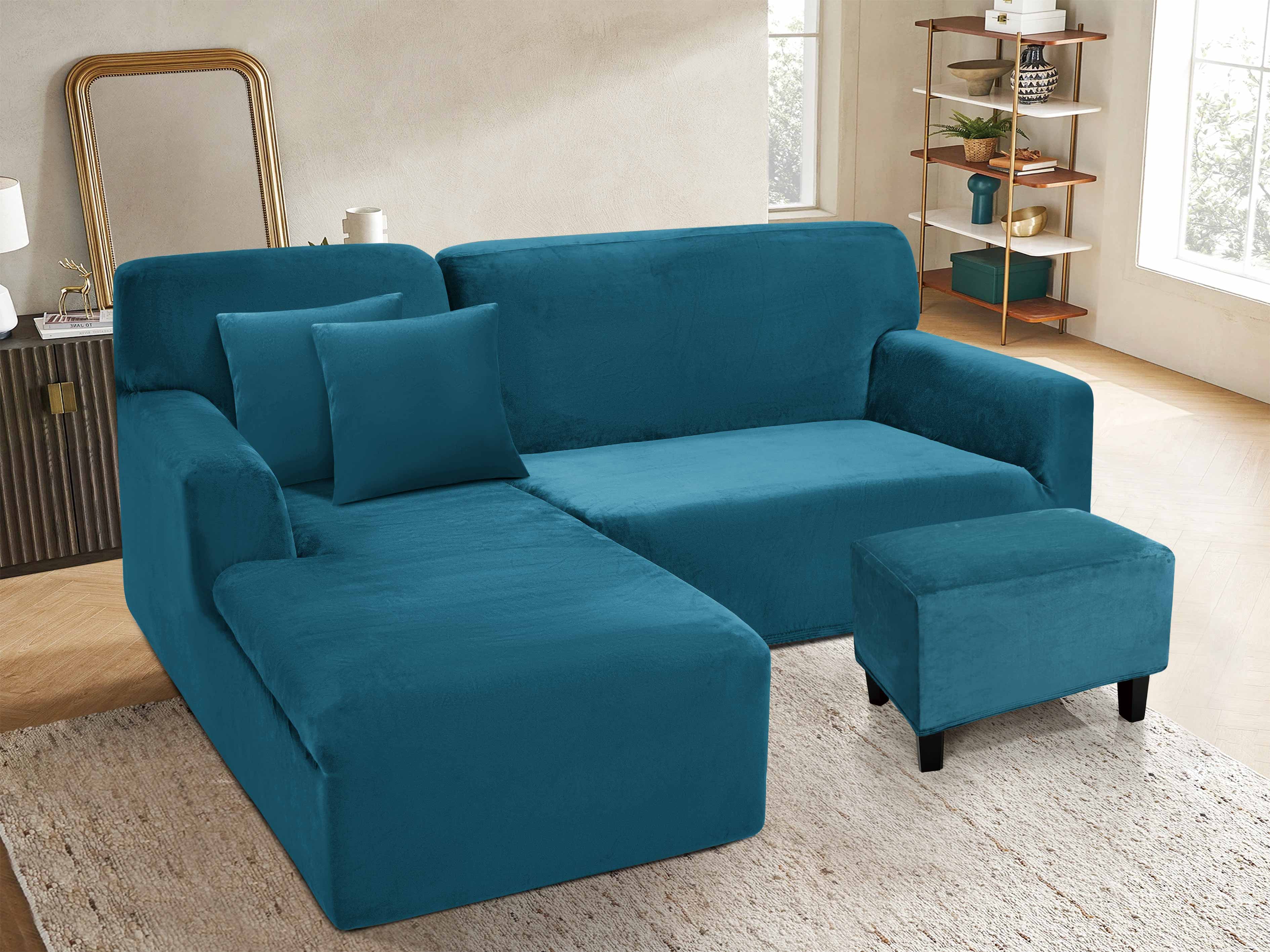 Funda de mueble modular 2 pzs + baúl en Terciopelo Liso con 2 fundas de cojines
