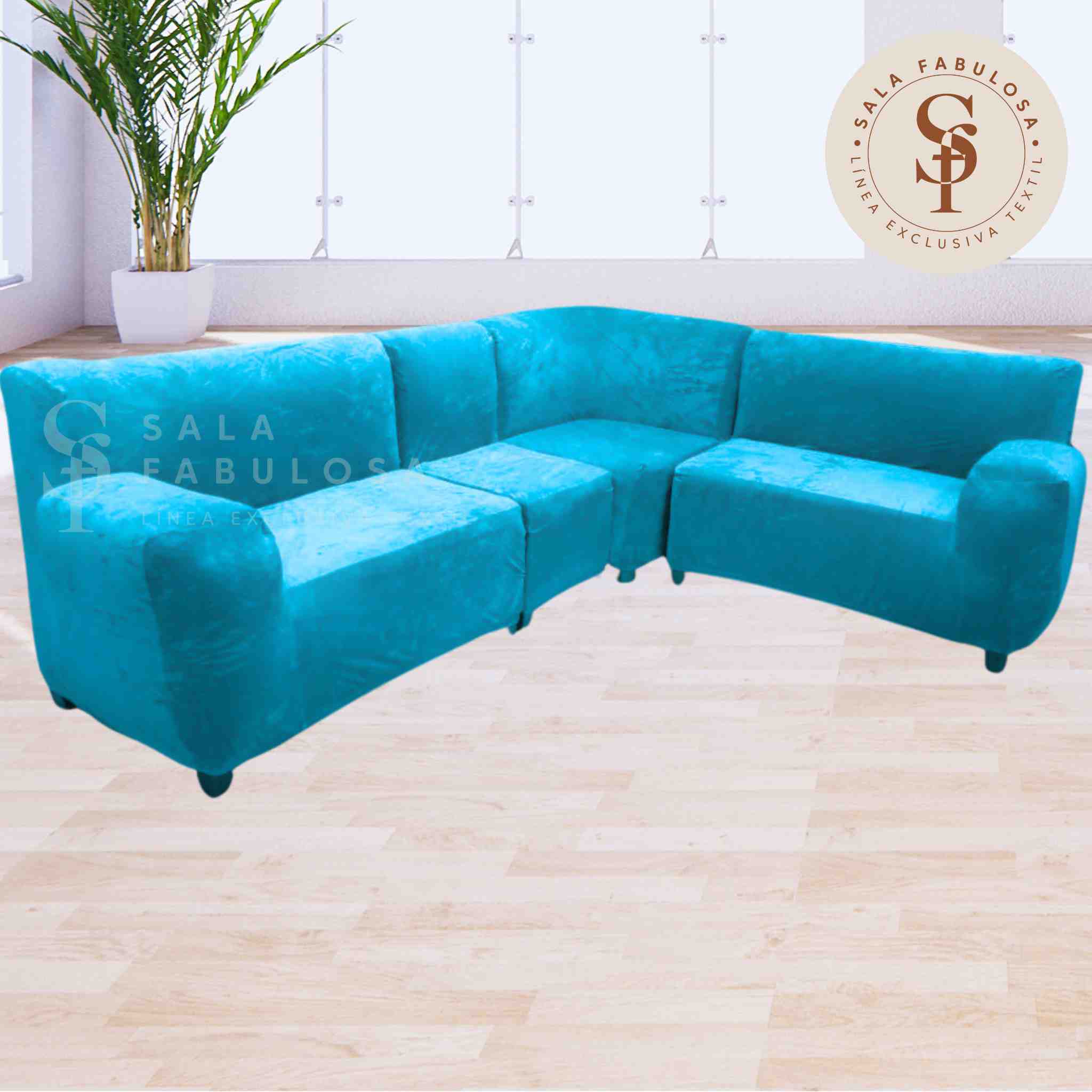 Funda de mueble modular de 4pzs de terciopelo liso  con 6 fundas de cojines